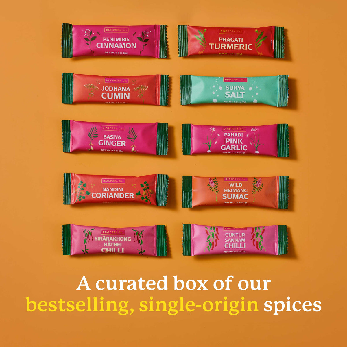 Assorted spice packages on an orange background with text about a curated box of spices.