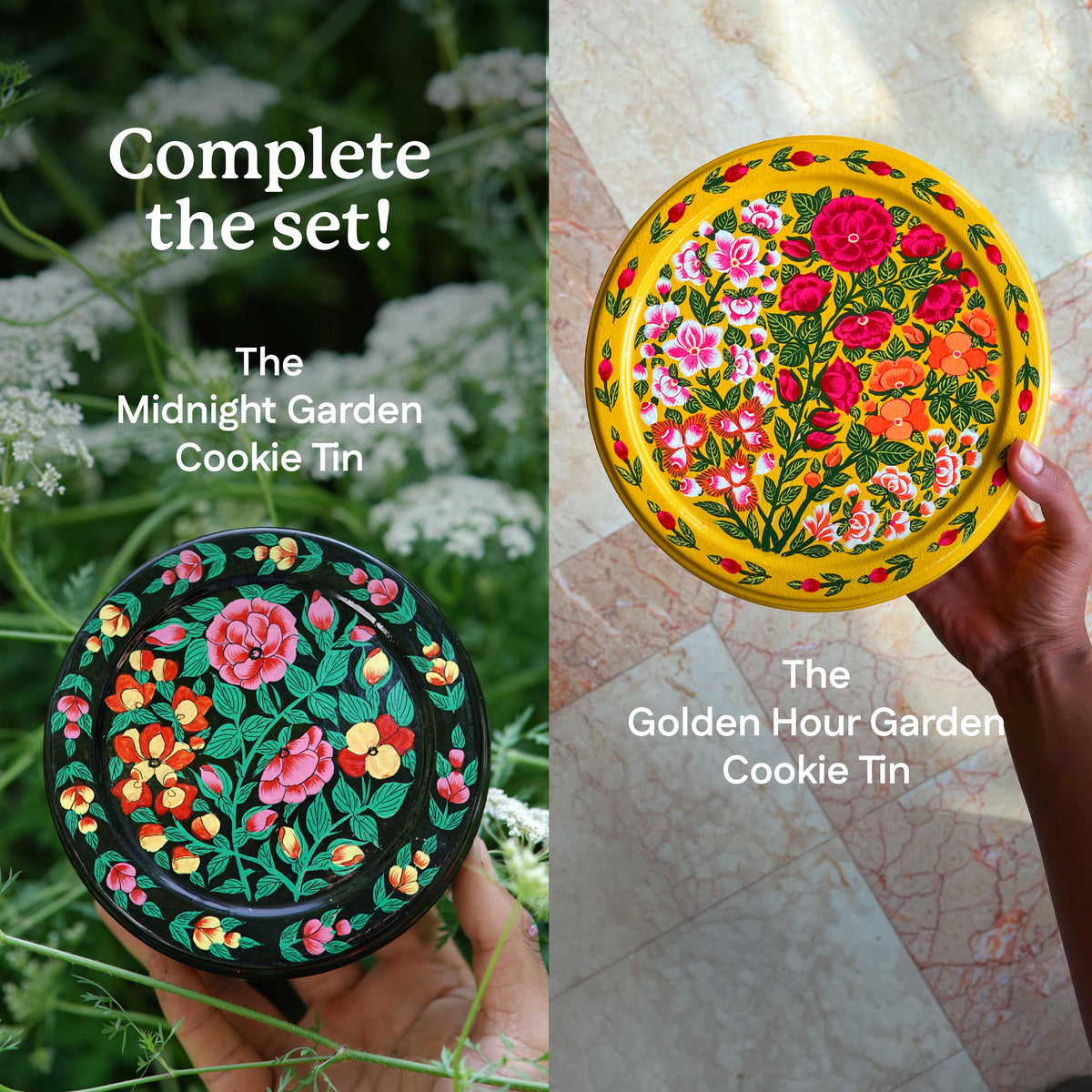Two floral cookie tins held by hands, one in a garden and one on a tiled floor.